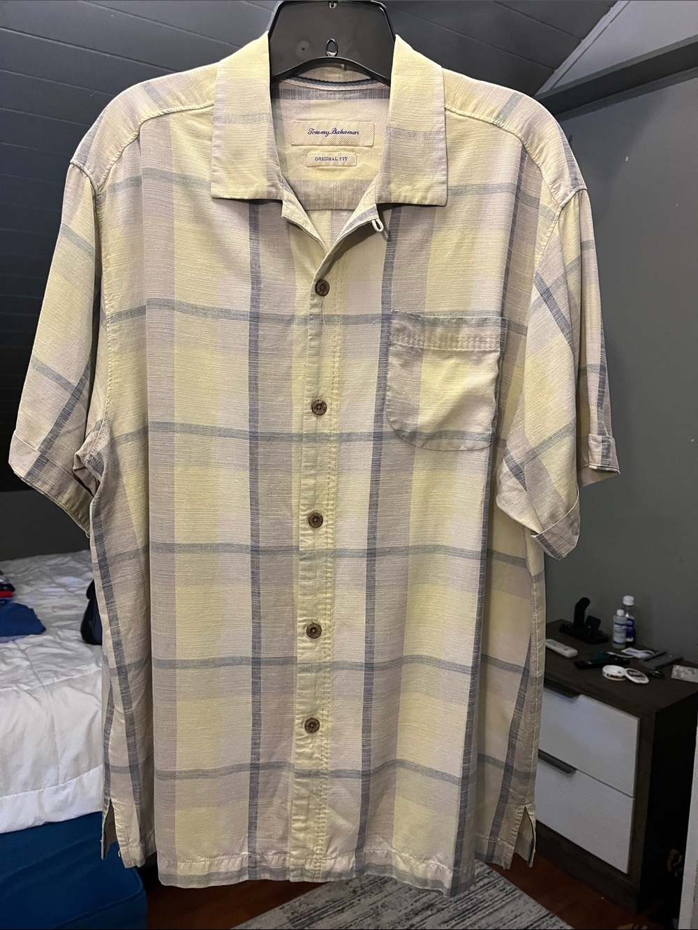 Tommy Bahama Short-Sleeve Plaid Camp Shirt - Yellow & Gray